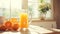 Bright morning table scene with fresh squeezed orange juice on a table on a sunny morning day