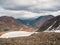 Bright mountain landscape with icefall at large glacier in sunlight. Awesome scenery with glacial tongue in sunshine. Amazing