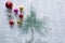 Bright multi-colored Christmas balls  and Christmas tree. Bright festoon illumination - digital composite. Copy space