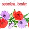 Bright multi-colored seamless border of summer flowers: red poppies, delicate lilac daisies, green leaves isolated on white