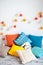 Bright multicolored knitted cushions