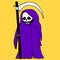Bright, mystical, cartoon, death with a scythe,purple hoodie, is