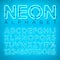 Bright Neon Alphabet on Blue Background. Vector Letter, Number and Symbol with Shiny Glow Effect Layered Separated