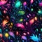 Bright neon colorful bacterial flowers leaves glowing in dark repeating pattern on black background