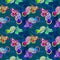 Bright neon colors mandarin fish seamless pattern on turquoise ocean surface with waves background
