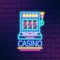 Bright neon gaming slot machine vector flat illustration in outline style. Illuminated sign of casino billboard with