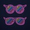Bright neon glasses. Sunglasses or club glasses with light on dark background