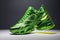 A bright, neon-green fashion sneaker with a bold, abstract pattern and a metallic sheen generated by Ai