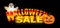 Bright neon Halloween Sale text banner with pumpkin and ghost on black background. Vector