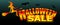 Bright neon Halloween Sale text banner with young witch and bats. Vector