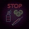Bright neon illustration of coronavirus, syringe, antiseptic and word stop