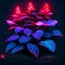 Bright neon leaves on a dark background. 3D Rendering. AI generated