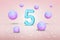 Bright neon number 5, flying balls purple, blue, pink gradients colors, and gold confetti on light pink background, fifth year of