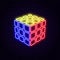 Bright neon sign in the form of a rubik`s cube, against the background of a brick wall.