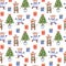 Bright new years watercolor seamless pattern with funny bulls, gifts and a Christmas tree.