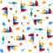 Bright optimistic pattern with illustration of cats and their toys. Nice seamless pattern for cat owners or cat lovers, colorful