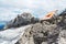 Bright orange arrow near cable car station on Dachstein glacier