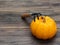 Bright orange fancy organic pumpkin with cultivator on dark wooden table background