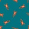 Bright orange frog doodle seamless pattern in hand drawn style. Turquoise background. Nature animal print