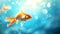 Bright orange goldfish swimming in vivid blue water, bubbles around. fresh, vibrant image perfect for decor and design