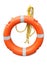 Bright orange lifebelt or life preserver with yellow rope isolated on a white background