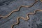 Bright orange rope lying diagonal on a texured roofing felt surface with many small cracks, look from the side