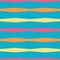 Bright orange, yellow and pink horizontal polygon stripes with random dots . Seamless vector pattern on sky blue