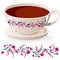 Bright ornament of pink flowers on a white cup.