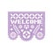 Bright paper with cut out flowers, geometric shapes and text Welcome. Papel Picado.
