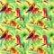 Bright parrot birds, tropical tree, jungle exotic flowers - bird of paradise flower, orchid. Seamless pattern