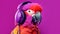 A bright parrot in headphones listens to music on a pink background. Place for text, copyspace
