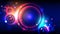 Bright party background neon glowing circles, abstract multicolor round frame, bokeh