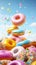 Bright pastel color frosted assorted donuts levitating, blue sky background