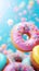 Bright pastel color frosted assorted donuts levitating, blue sky background