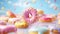 Bright pastel color frosted assorted donuts levitating, blue sky background