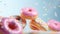 Bright pastel color frosted assorted donuts levitating, blue sky background