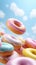 Bright pastel color frosted assorted donuts levitating, blue sky background