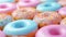 Bright pastel color frosted assorted donuts, sweet fun food sugar background