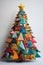 bright patchwork Christmas tree on grey background