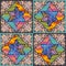 Bright patchwork pattern with hexagonal stars, flowers and peacoks