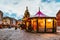 Bright pavilion Dome square in Christmas market in winter Riga in Latvia