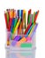 Bright pens, pencils and erasers in holder