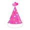 Bright pink cone hat with circles. Colorful accessory for Birthday party.