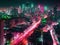 Bright pink and green skyline in futuristic city