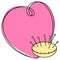 Bright pink heart-shaped frame with an empty place to insert, for needlework, yellow needle cushion, one-line drawing