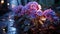 Bright pink hydrangea blossom in a dark forest, vibrant celebration generated by AI