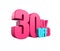 Bright pink, voluminous 3D inscription: 30% OFF, isolated on white background. Element for design discounts, design, sales, web.