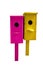 Bright pink and yellow birdhouses isolated on a white background