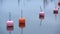 Bright plastic buoys in lead-gray water of the Baltic Sea. Late fall on the coast.