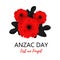 A bright poppy flower. Remembrance day symbol. Lest we forget lettering. Anzac day lettering